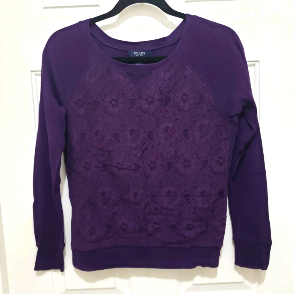 Chaps Sweater Womens Small Pullover Purple Lace Lined Front Top Long Sleeve